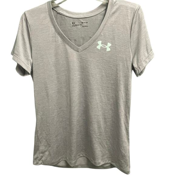 Under Armour Loose Size Small Gray V-Neck Lightweight Logo Tee Athletic - Picture 1 of 5